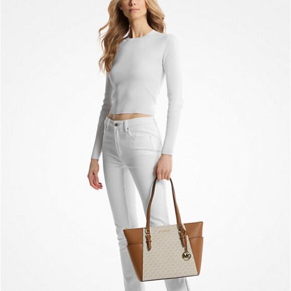 MICHAEL KORS Maddie large signature top zip tote‎ handbag vanilla/brown NWT pkg - Picture 3 of 7